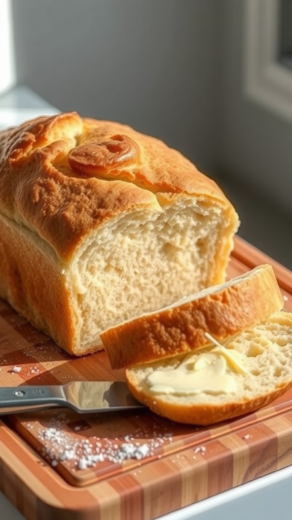 A golden-brown loaf of homemade bread on a cutting board, with a slice removed to show its fluffy interior.
